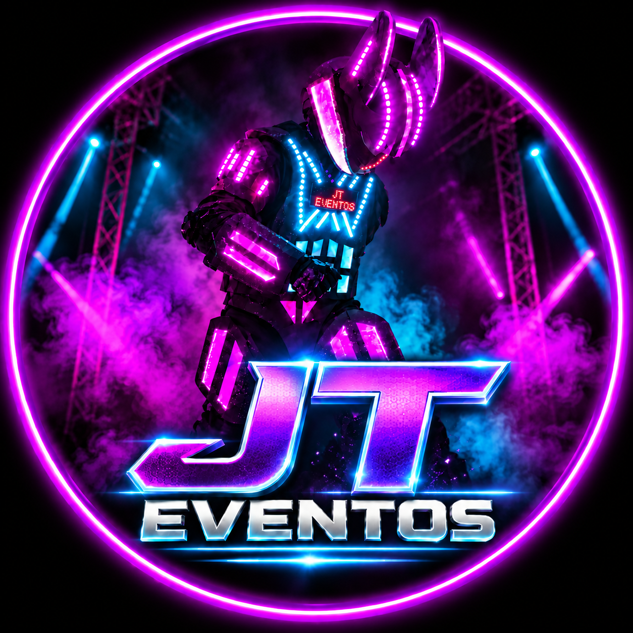 Arte da JT Eventos com robô de LED em neon roxo e azul